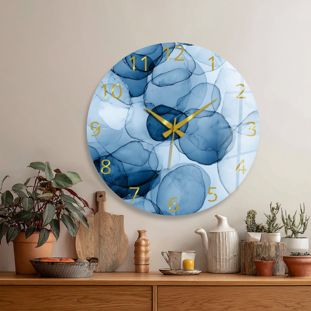 Blue Abstract Glass Wall Clock – Modern Alcohol Ink Art