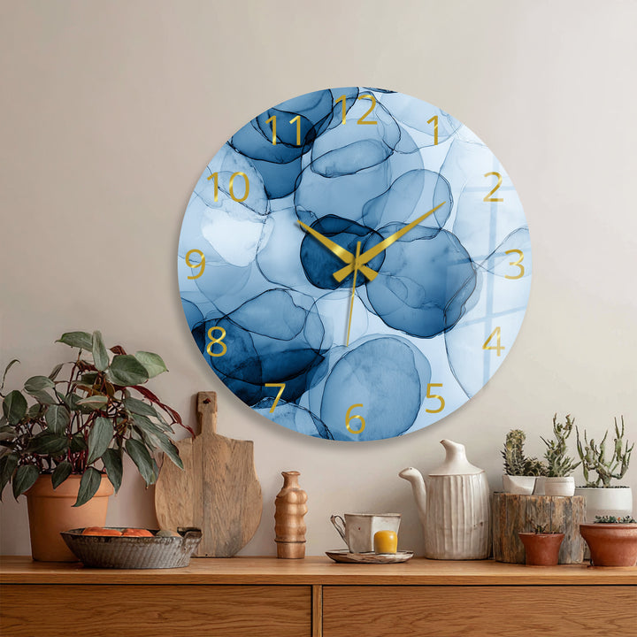 Blue Abstract Glass Wall Clock – Modern Alcohol Ink Art