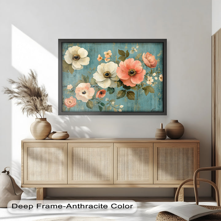 Charming botanical artwork featuring blooming roses on a textured teal background.
