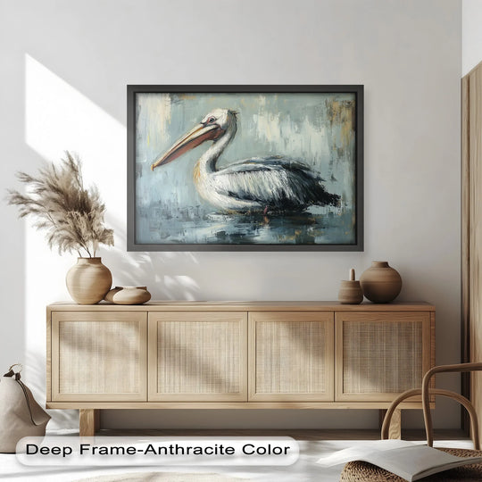 Subtle layering effects enhance this animal oil painting, showcasing a white pelican resting by the water as a stunning oil painting reproduction print.