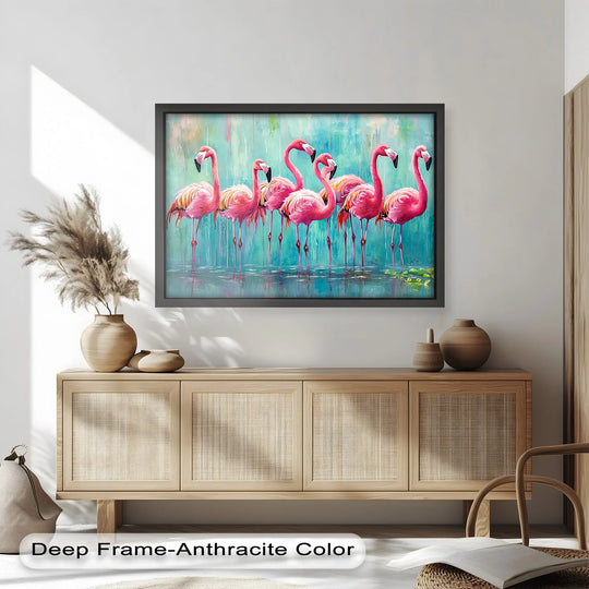 Finely crafted flamingo flock oil painting showcases exquisite brushstrokes and rich pigment textures characteristic of high-quality oil painting home decor.