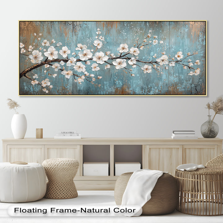 White Blossoms on Blue Textured Branch - Flower Oil Painting