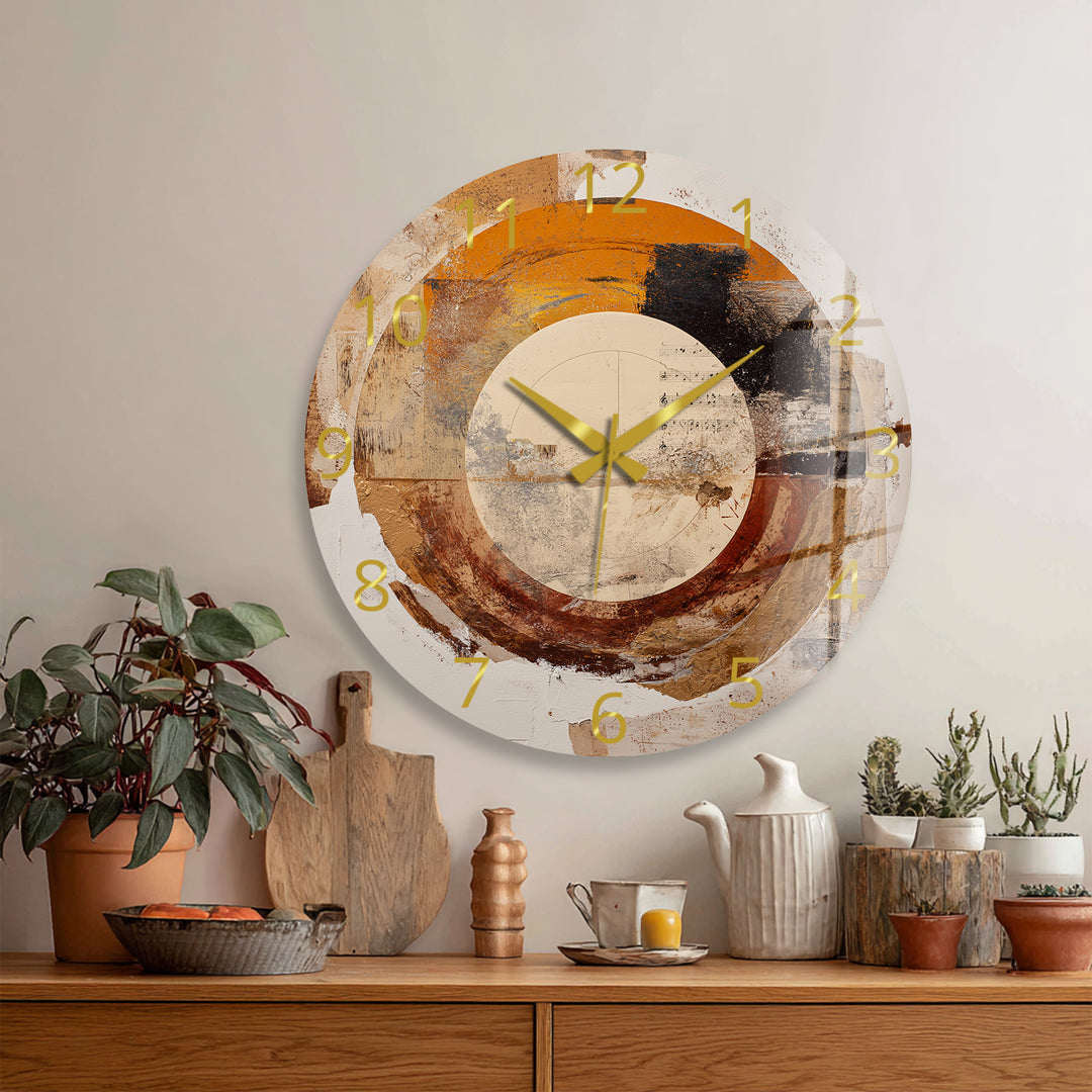 Neutral Abstract Glass Wall Clock – Earth Tone Circle Art
