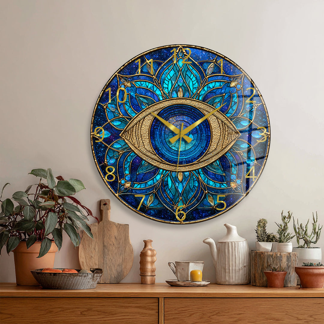 Evil Eye Glass Wall Clock – Blue Mandala Wall Decor