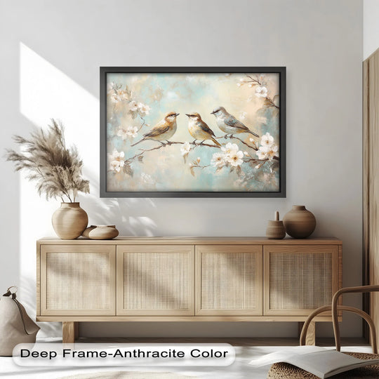 Framing the springtime songbirds, the darkest area highlights the oil painting wall art's serene pastel shades in this animal oil painting.