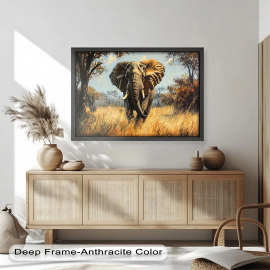 Illuminated by a soft light, the elephant in this modern oil painting art stands out with a commanding presence amidst the grassland scene.
