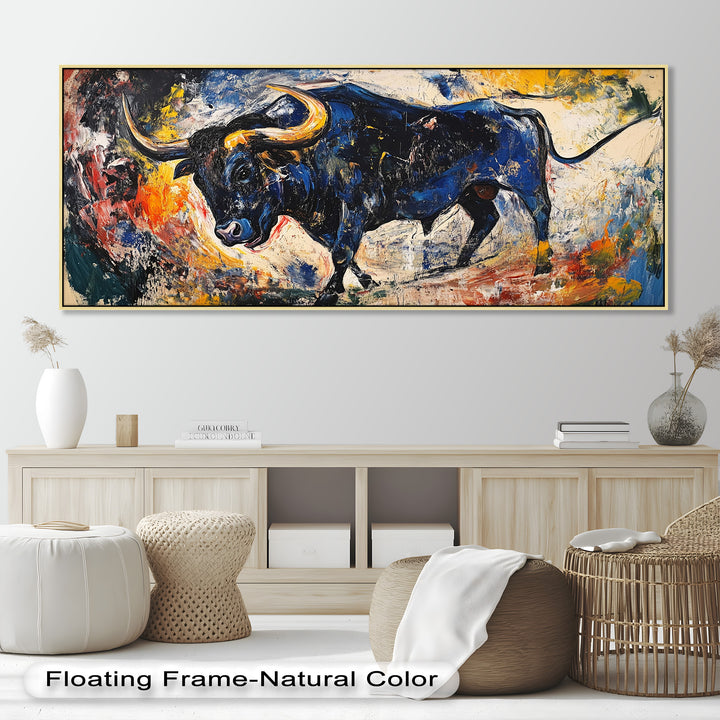 Fierce Blue Bull in Motion – Abstract Oil Painting