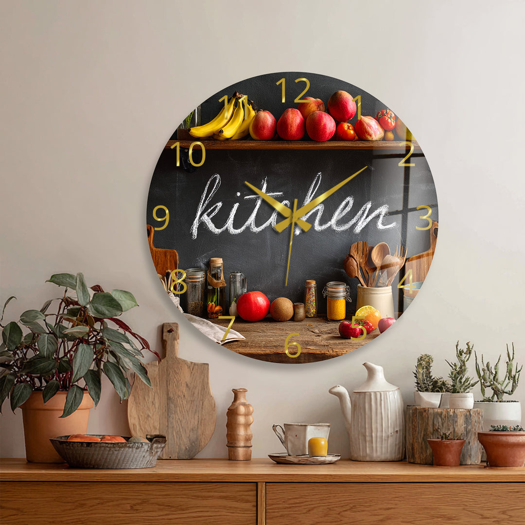 Rustic Kitchen Glass Wall Clock – Farmhouse Chalkboard Decor