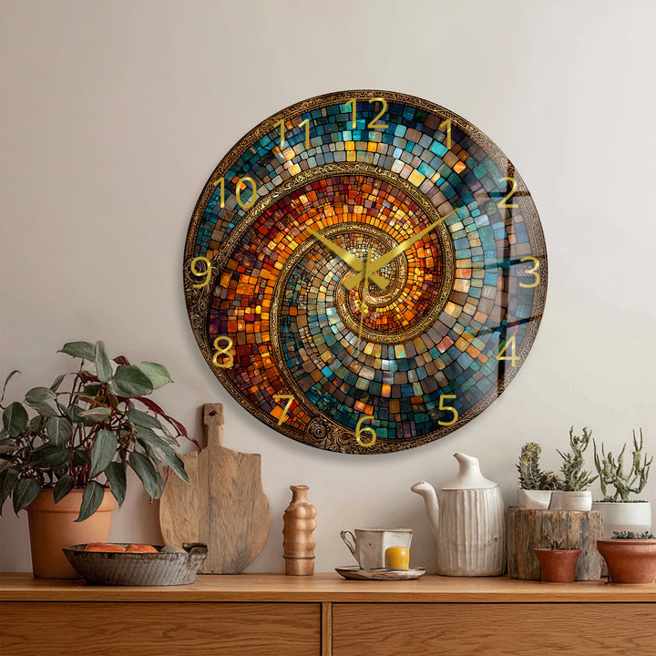 Spiralmosaik-Glaswanduhr – abstrakte Kunst in Blaugrün und Kupfer