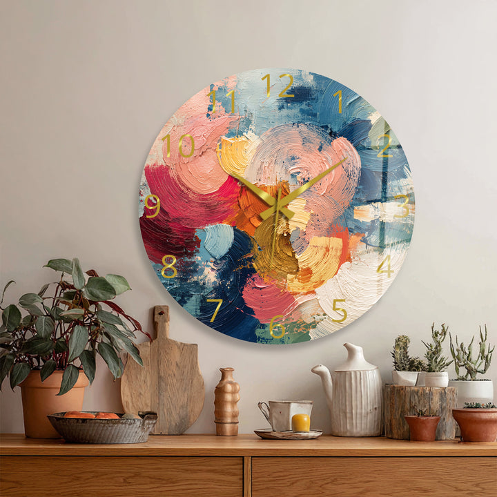 Colorful Abstract Glass Wall Clock – Textured Brushstroke Art