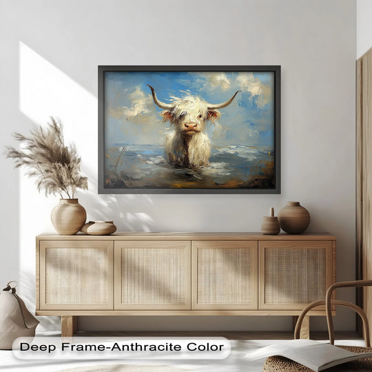 With cool color temperatures in the sky and water, this Highland cow animal oil painting home decor has a calming, serene feel.