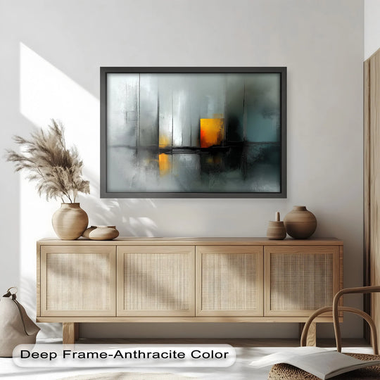 The stillness in the Solitude in Reflection abstract cityscape is captured in this oil painting art prints, with glowing orange hues suspended in a moment of serene, minimalist beauty.