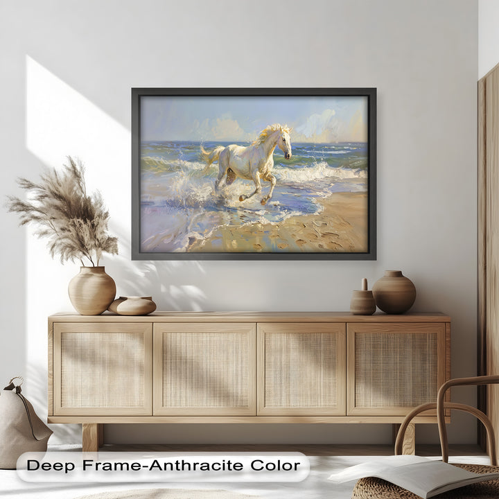 White Horse Galloping on Beach – Dynamic Oil Painting