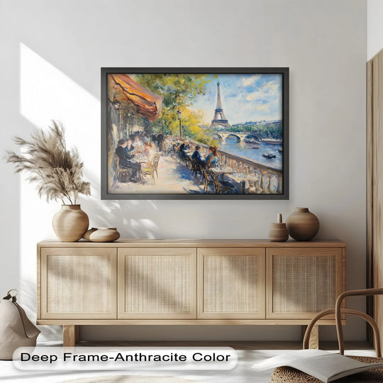 High color saturation makes this 'Eiffel Café Serenity' oil painting art prints stand out, highlighting the Parisian terrace scene with a river view.