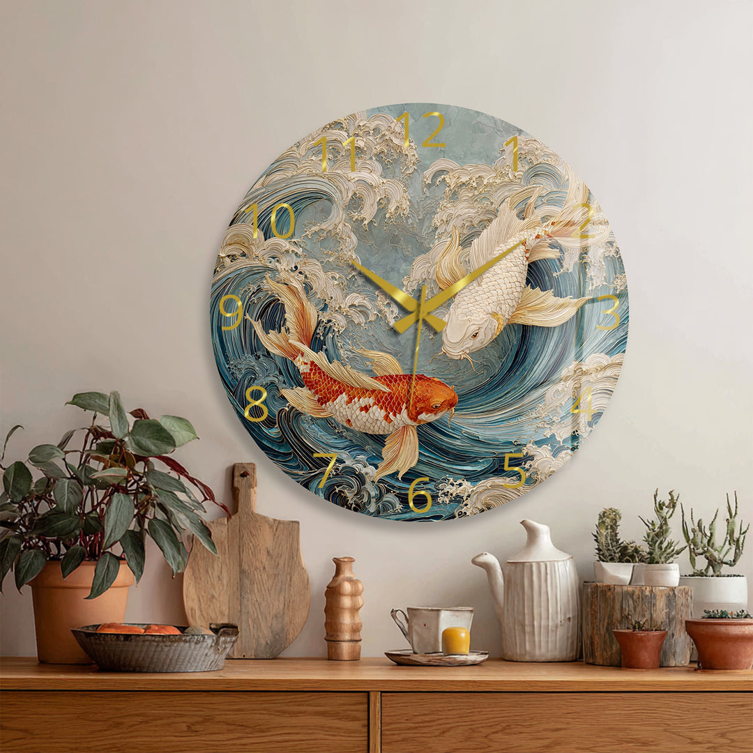 Japanese Koi Fish Glass Wall Clock – Blue Ocean Wave Art