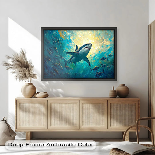 Realistic detail showcases the great white shark animal oil painting home decor, capturing the depth and movement of the sunlit ocean with vibrant hues.