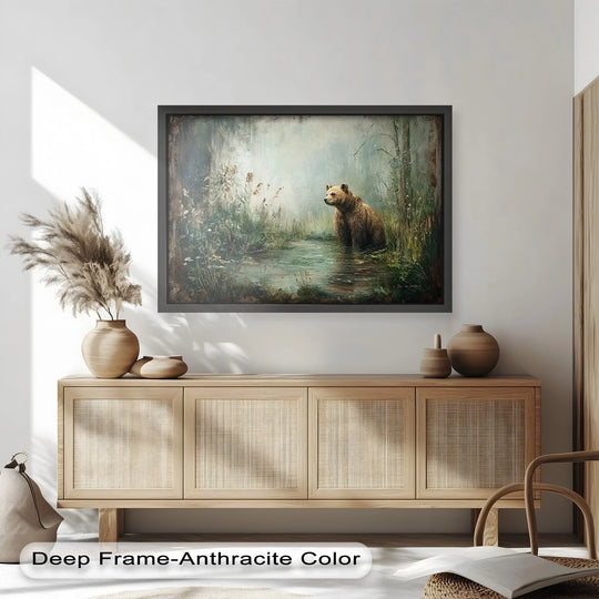 Featuring depth and layers, this animal oil painting decoration presents a captivating brown bear by the water, showcasing a tranquil, foggy woodland scene.