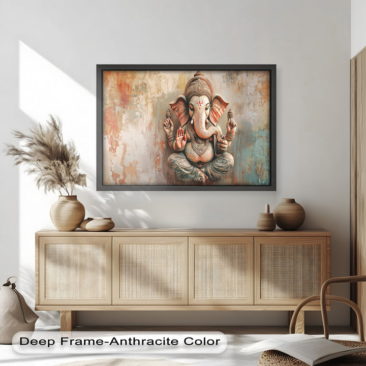 A spiritual representation of the Hindu deity Ganesha in a meditative pose, blending traditional form with a contemporary weathered backdrop.
