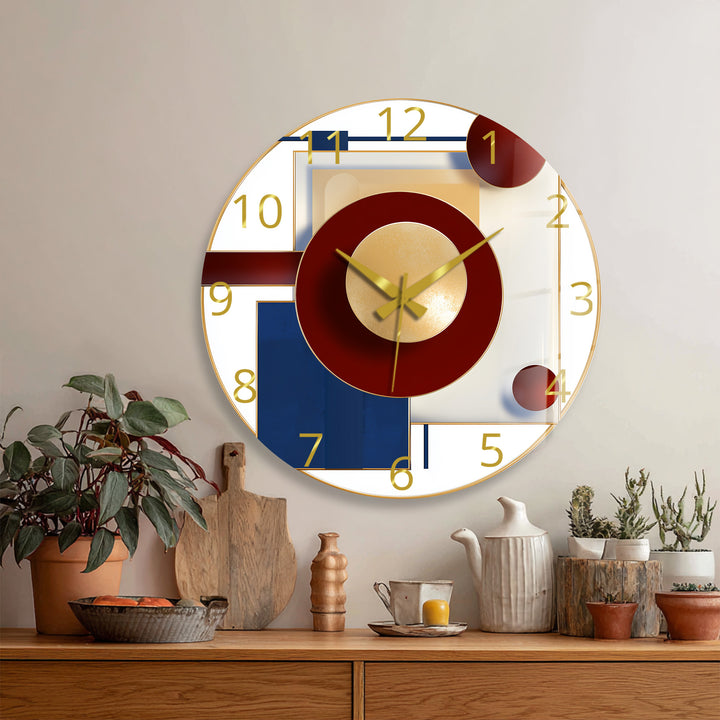 Burgundy and Navy Glass Wall Clock – Modern Geometric Gold Art