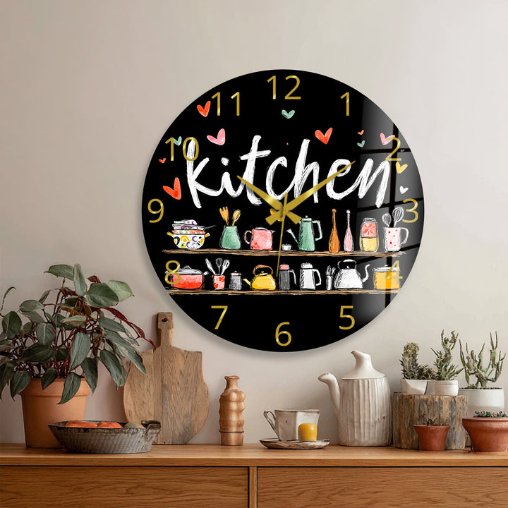 Cute Kitchen Glass Wall Clock – Colorful Cooking Utensils Decor