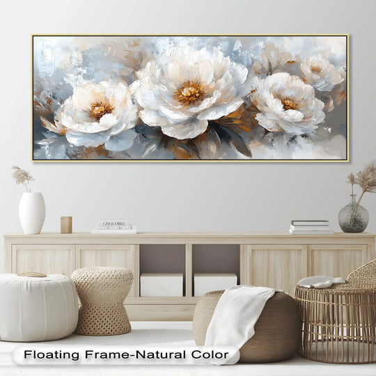 Foreground woven ottomans and poufs accent the 'White Petals on Soft Neutral Background' flower oil painting decoration in a stylish display.