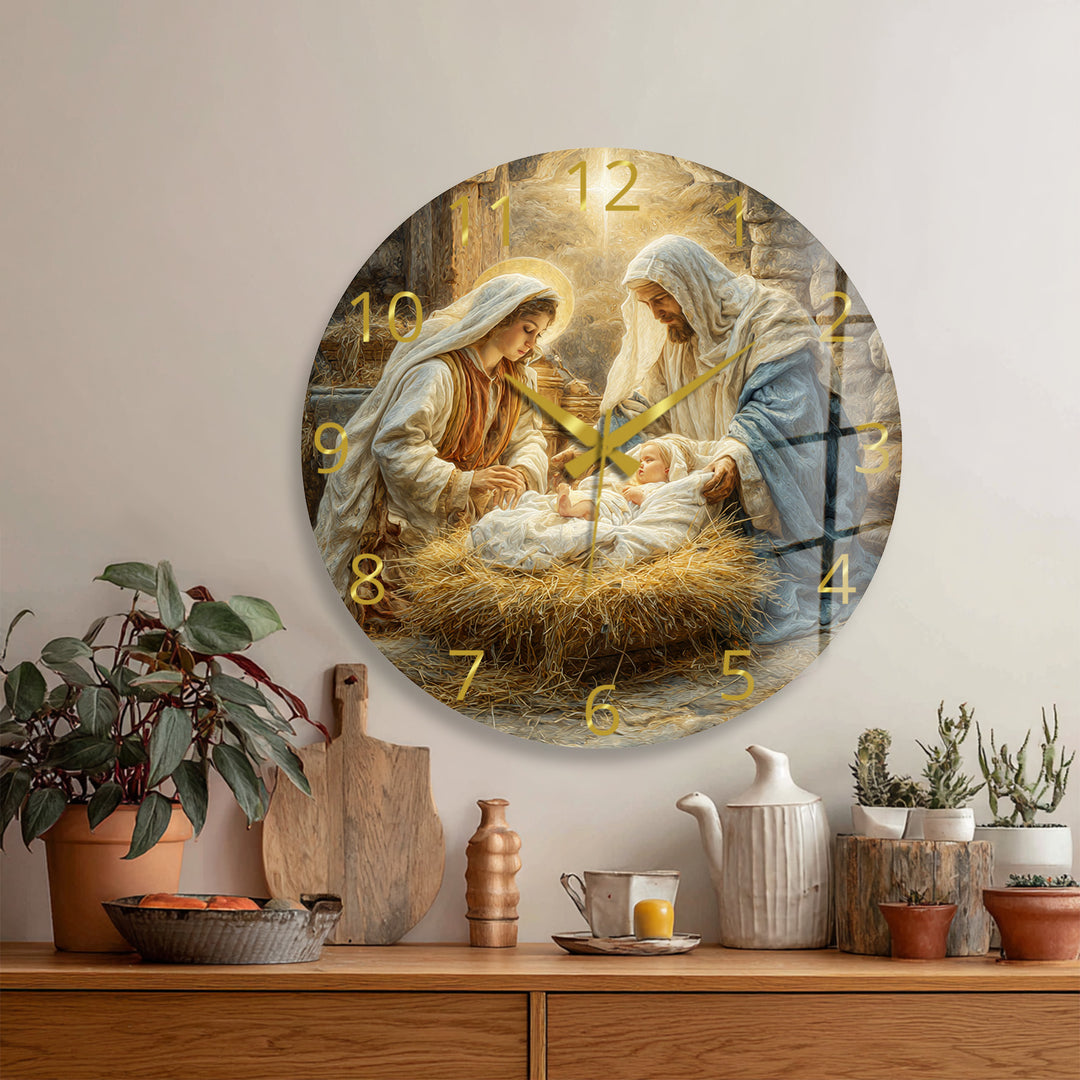 Nativity Scene Glass Wall Clock – Holy Family Christmas Decor