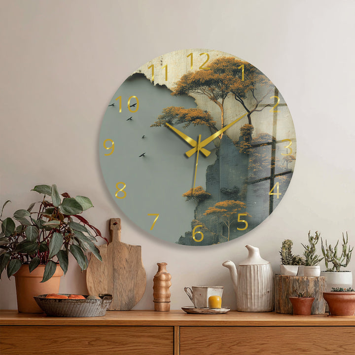 Misty Forest Glass Wall Clock – Golden Mountain Landscape
