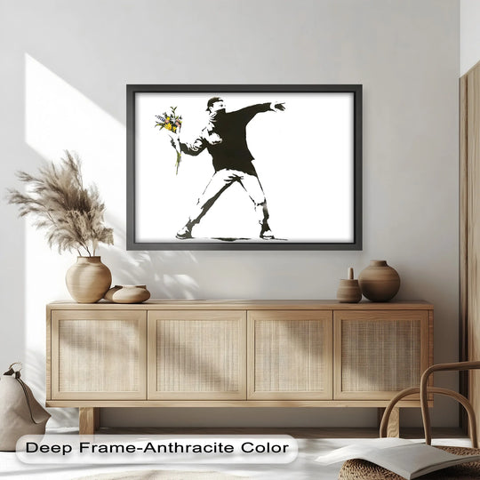 Black and white create a striking contrast in this oil painting home decor featuring Banksy's Flower Thrower, an iconic protest art piece with a deep frame.