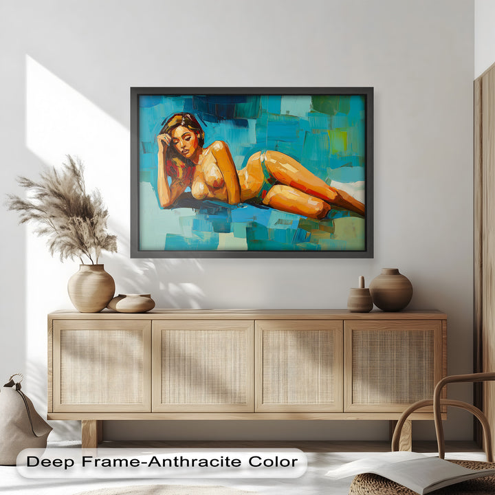 Tropical Repose – Reclining Woman with Ocean Tones Oil Painting
