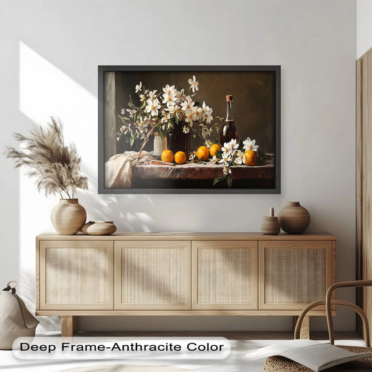 This elegant still life painting features blooming white flowers and ripe oranges arranged beside a vintage glass bottle, creating a timeless and serene composition.

