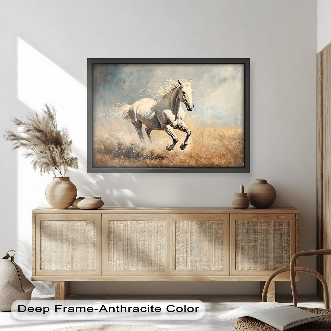 Majestic white horse painting charging through golden dust.
