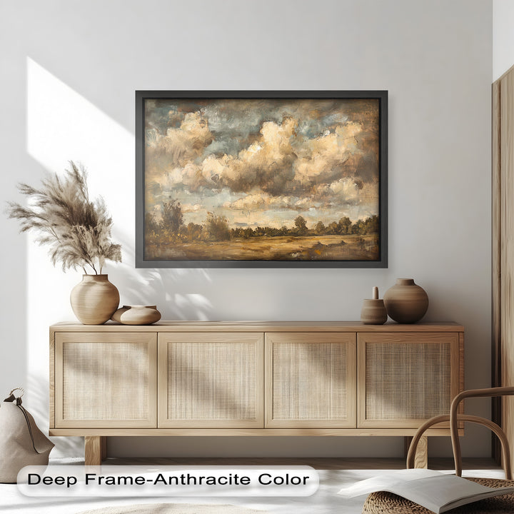 Weite Landschaft mit grauen Wolken – Ruhige Natur Ölgemälde