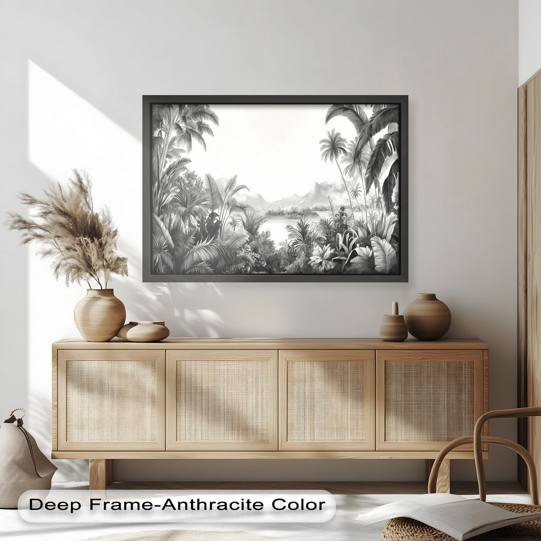 Schwarz-weiße Dschungel-Wandkunst – Tropisches Natur-Ölgemälde