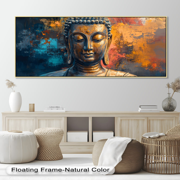 A harmonious depiction of inner peace, with a Buddha statue radiating stillness amidst colorful brushstroke contrasts.