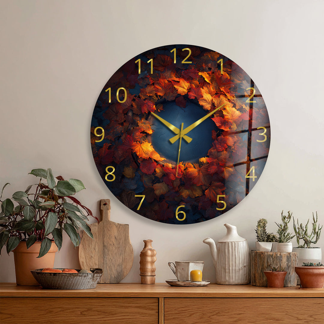 Glas-Wanduhr mit Herbstblättern – rustikales Herbstkranz-Dekor