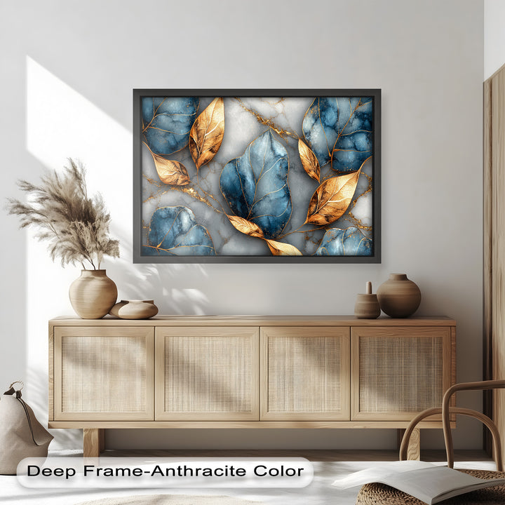 Golden Blue Marble Leaves – Botanical Oil Painting