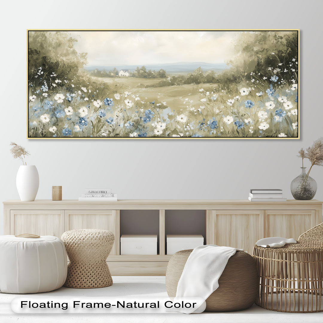 This dreamy countryside painting features a field of soft blue and white wildflowers overlooking rolling hills and a distant white farmhouse.