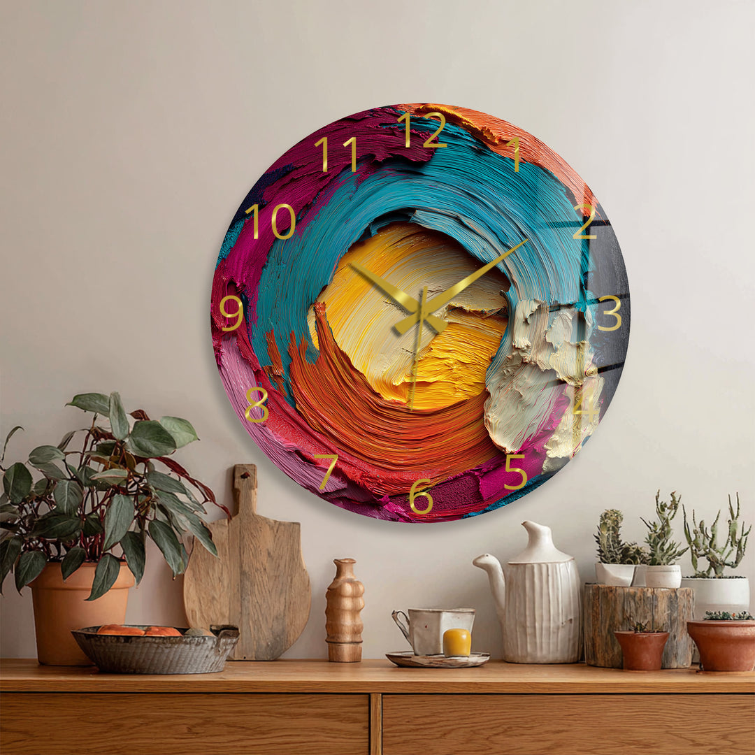 Colorful Abstract Glass Wall Clock – Vibrant Impasto Swirl Art
