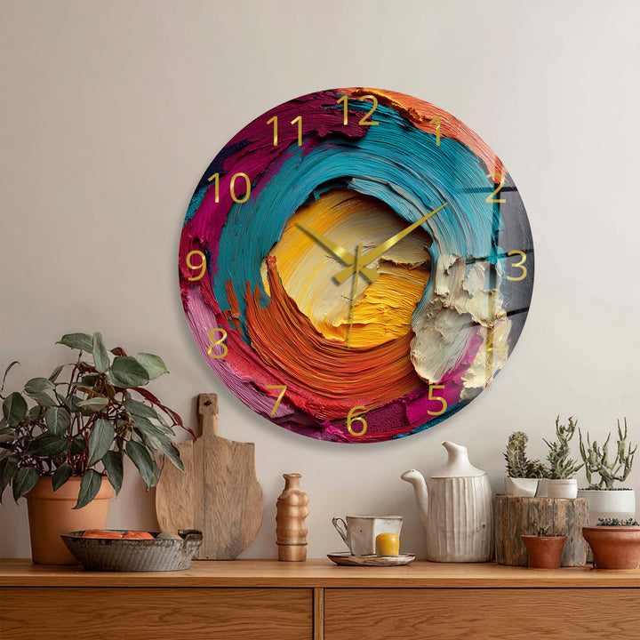 Colorful Abstract Glass Wall Clock – Vibrant Impasto Swirl Art