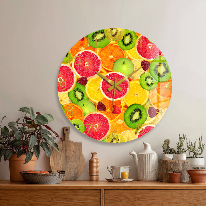 Colorful Fruit Glass Wall Clock – Citrus Kitchen Wall Decor