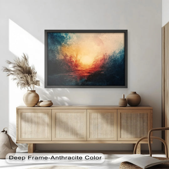 Central subject displays the captivating 'Eclipse Awakening' with its fiery light burst and abstract oil painting decoration, creating a dramatic textural statement.