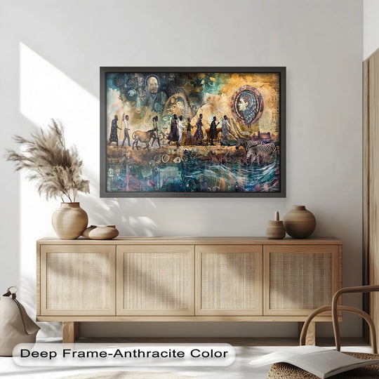 Intense color saturation defines this oil painting artwork, 'Echoes of Migration,' featuring a symbolic journey through time with rich ancestral symbols.