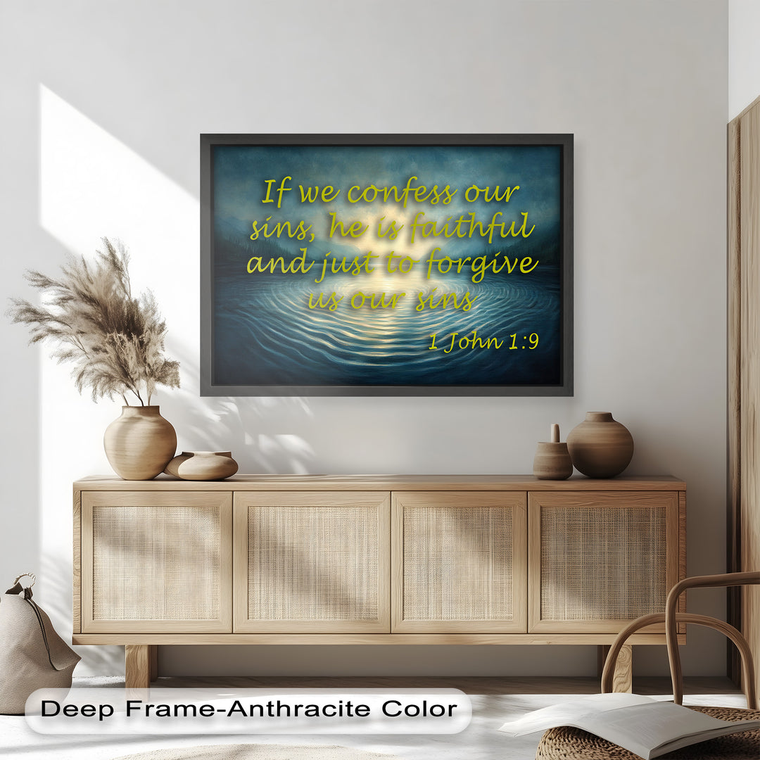Serene lake painting with scripture on forgiveness from 1 John 1:9.
