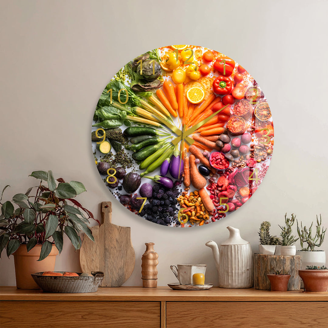 Vegetable Glass Wall Clock – Colorful Farmhouse Kitchen Decor