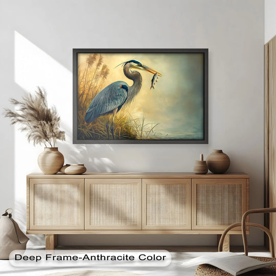 Wisps of atmospheric fog softly surround the great blue heron in this modern oil painting art, creating a serene backdrop for the wildlife portrait.