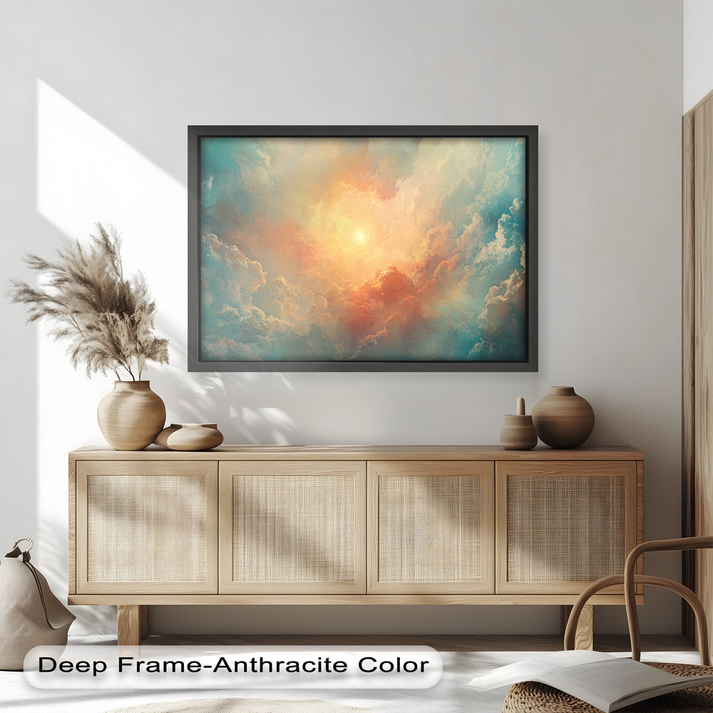 Celestial cloudscape artwork with golden sunlight and serene hues.
