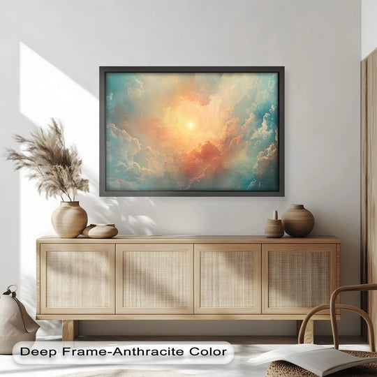 Featuring a mesmerizing mix of golden yellows, tranquil blues, and fiery oranges, this framed abstract sky and sunlight oil painting reproduction print brings celestial radiance to any space.