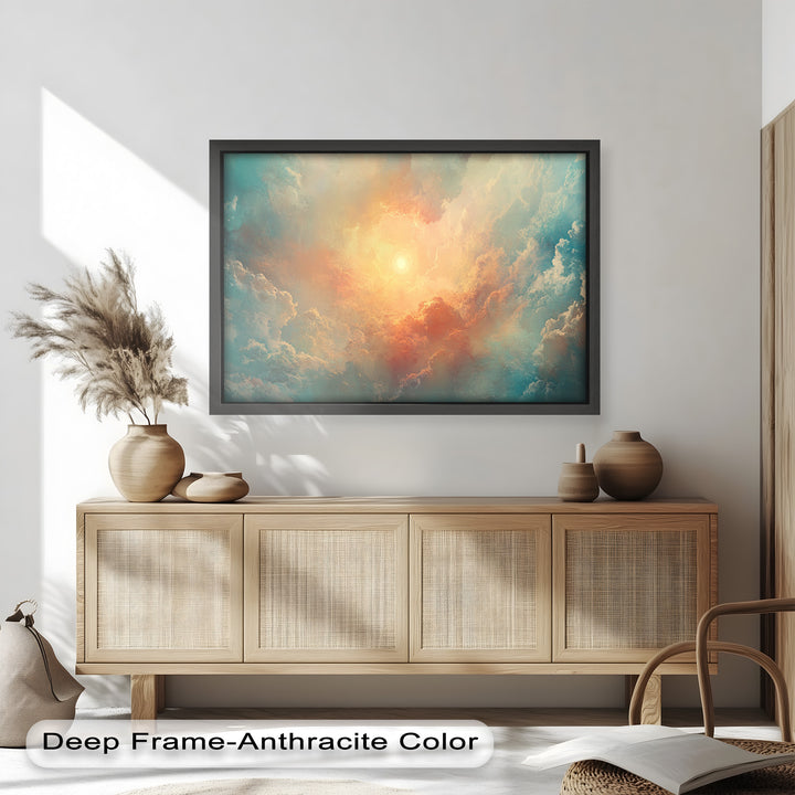Celestial cloudscape artwork with golden sunlight and serene hues.

