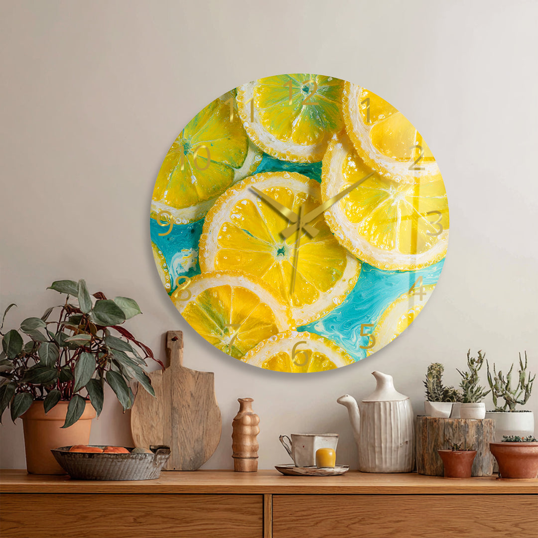 Yellow Lemon Glass Wall Clock – Bright Citrus Kitchen Decor