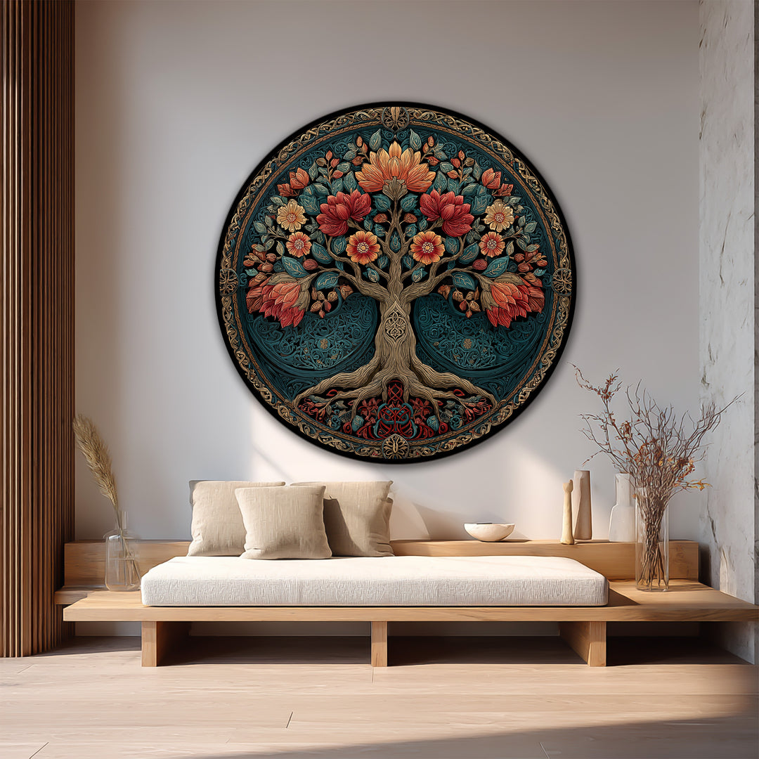 Árbol de flores adornado – Redondo de madera Cuadro al óleo Arte de pared
